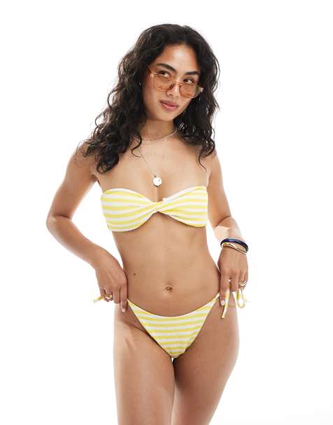 Miss Selfridge textured tie side bikini bottoms in yellow - view 1