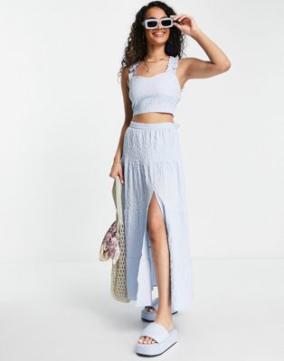Miss Selfridge textured tiered maxi skirt co-ord in light blue