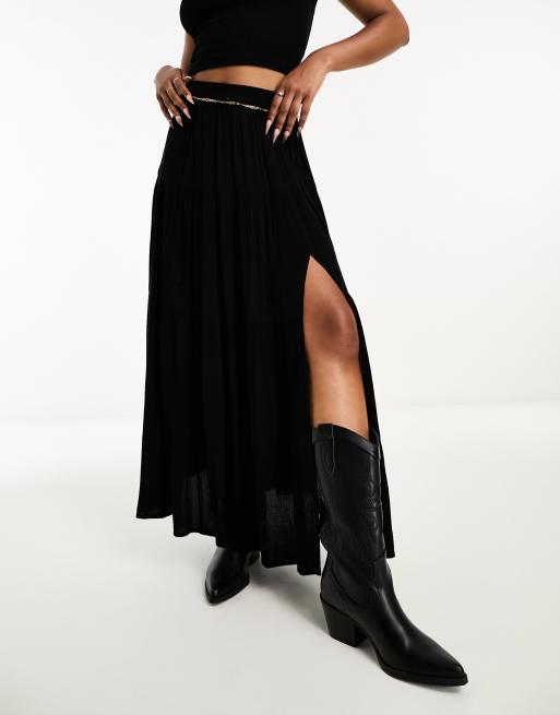 Miss Selfridge textured tiered maxi skirt in black 