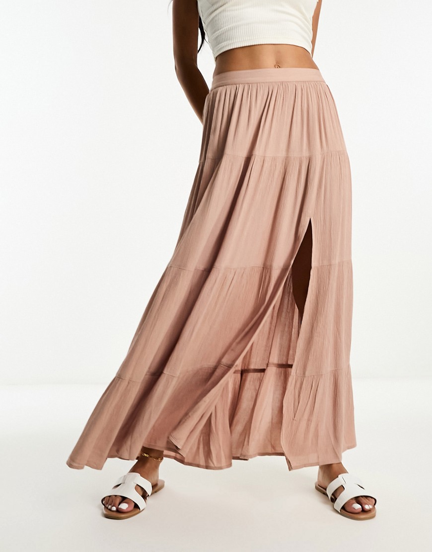 Miss Selfridge textured tiered maxi skirt in mocha-Neutral