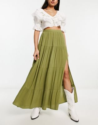 Miss Selfridge textured tiered maxi skirt in olive