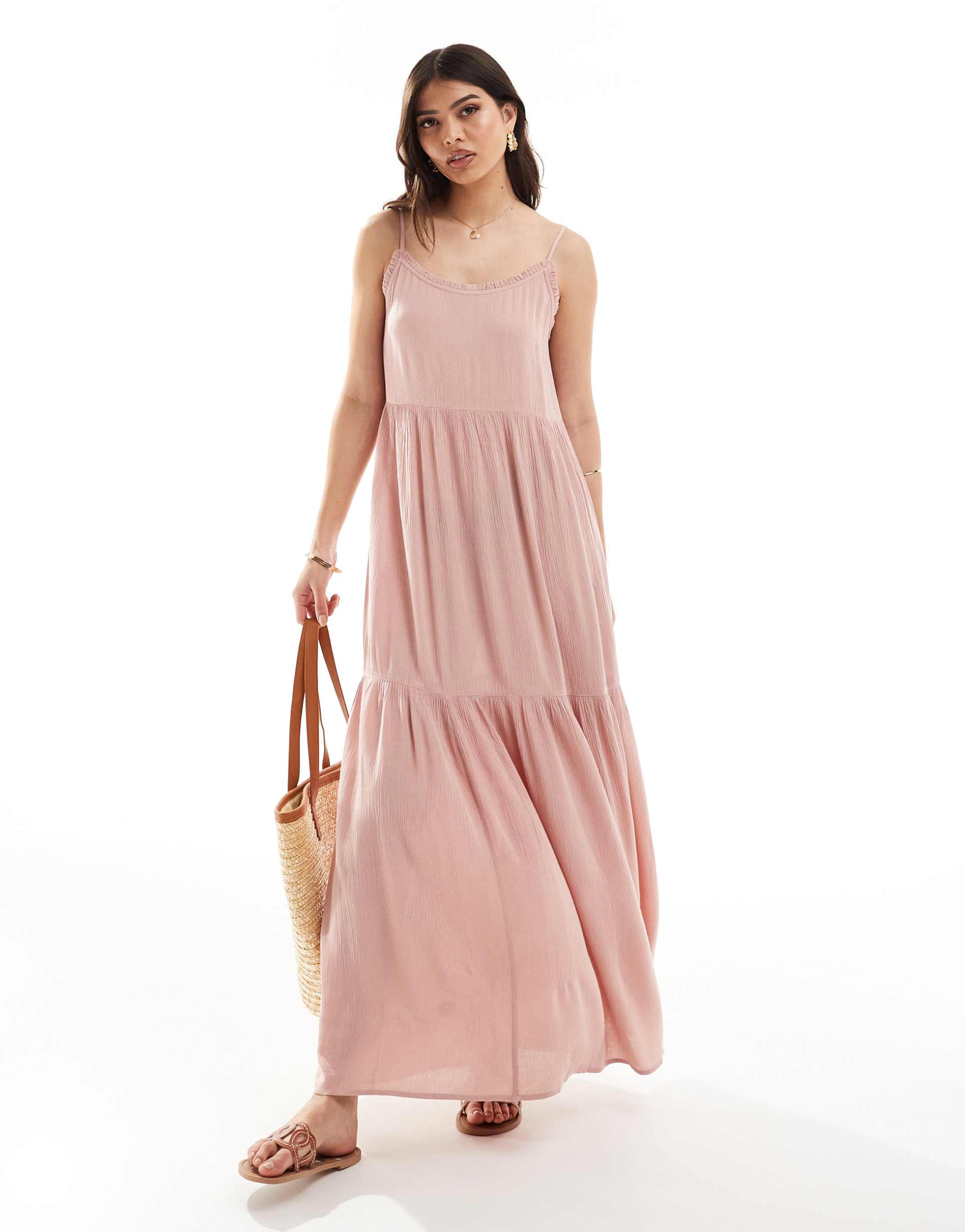 miss selfridge textured tiered maxi slip dress in soft pink