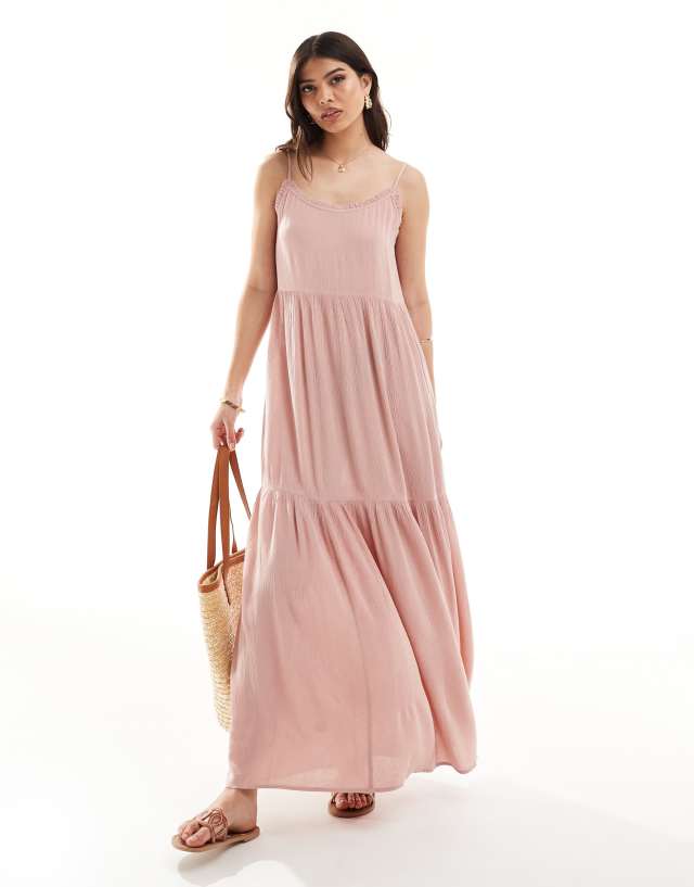 Miss Selfridge - textured tiered maxi slip dress in soft pink