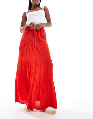 textured tiered prairie maxi skirt in red