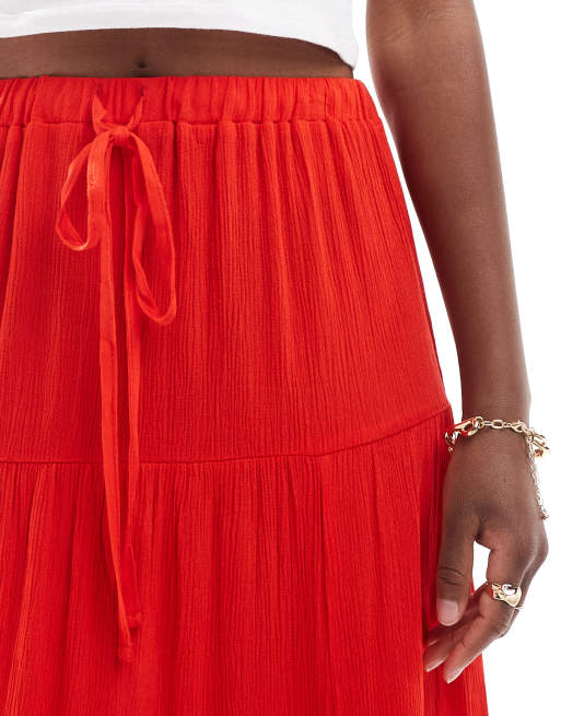 Miss Selfridge textured tiered prairie maxi skirt in red ASOS