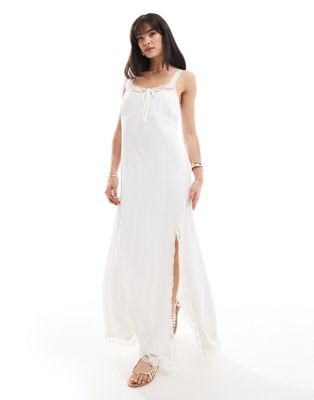Miss Selfridge Textured Trim Insert Maxi Slip Dress In Cream-white