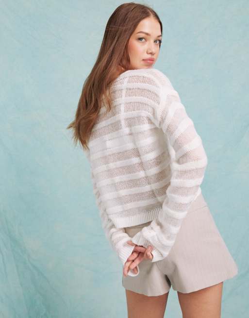 Miss Selfridge thick and thin knit V neck jumper in cream ASOS