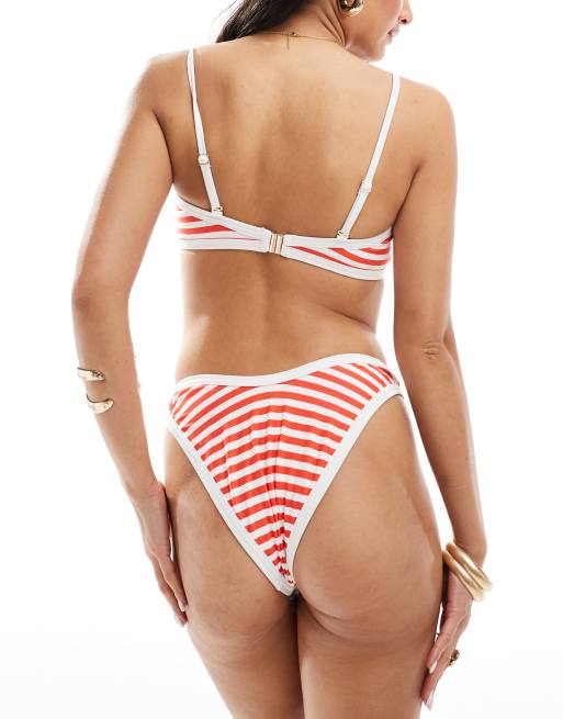Miss Selfridge thin stripe with contrast binding V front bikini bottom in red stripe