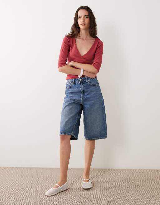 Miss Selfridge three quarter length sleeve wrap top in red, 2 of 4