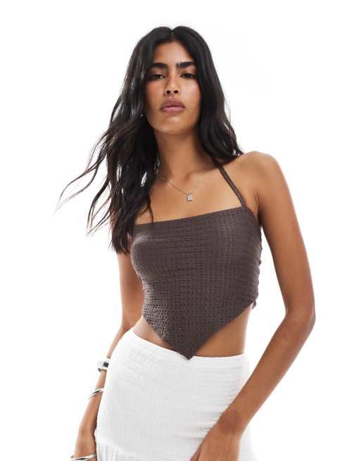 Miss Selfridge tie back halter handkerchief top in chocolate