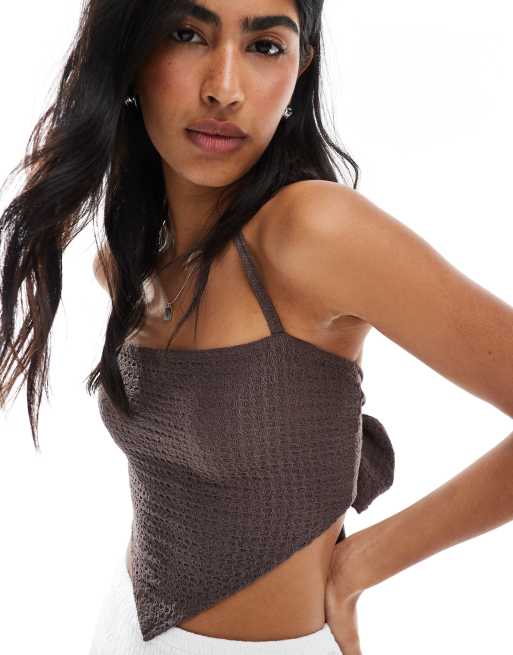Miss Selfridge tie back halter handkerchief top in chocolate