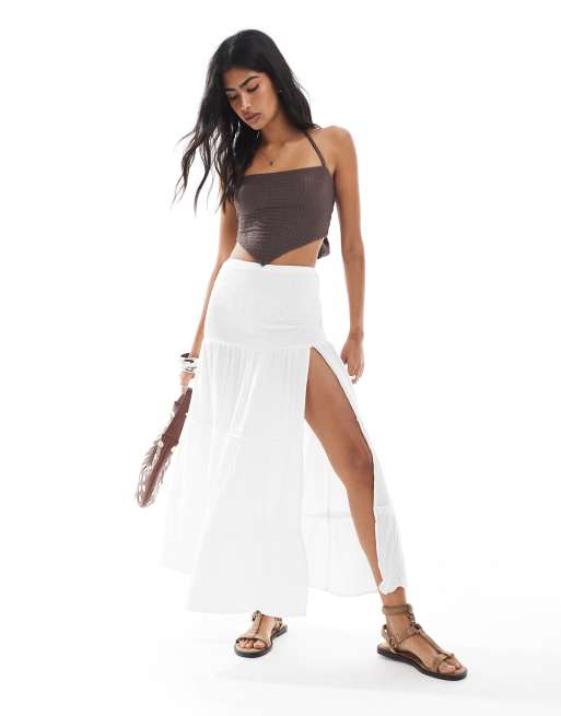 Miss Selfridge tie back halter handkerchief top in chocolate