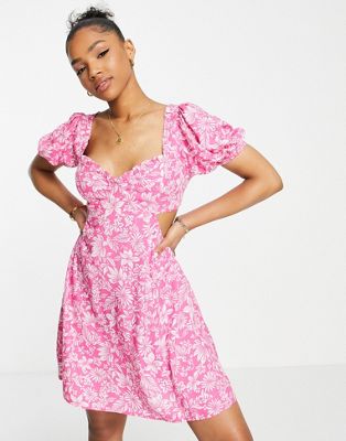 Miss Selfridge tie back mini tea dress in pink tropical floral