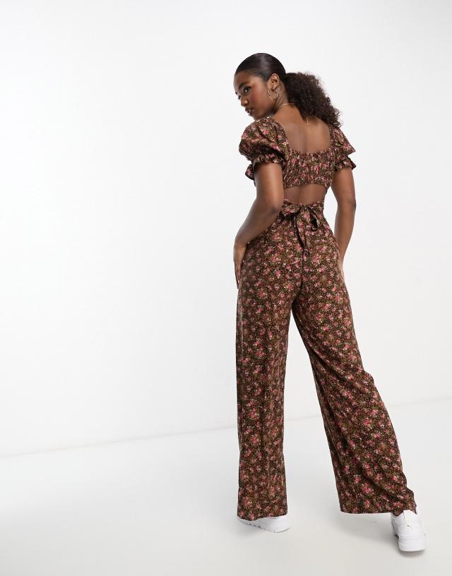 Miss Selfridge - tie back wide leg jumpsuit in brown animal ditsy