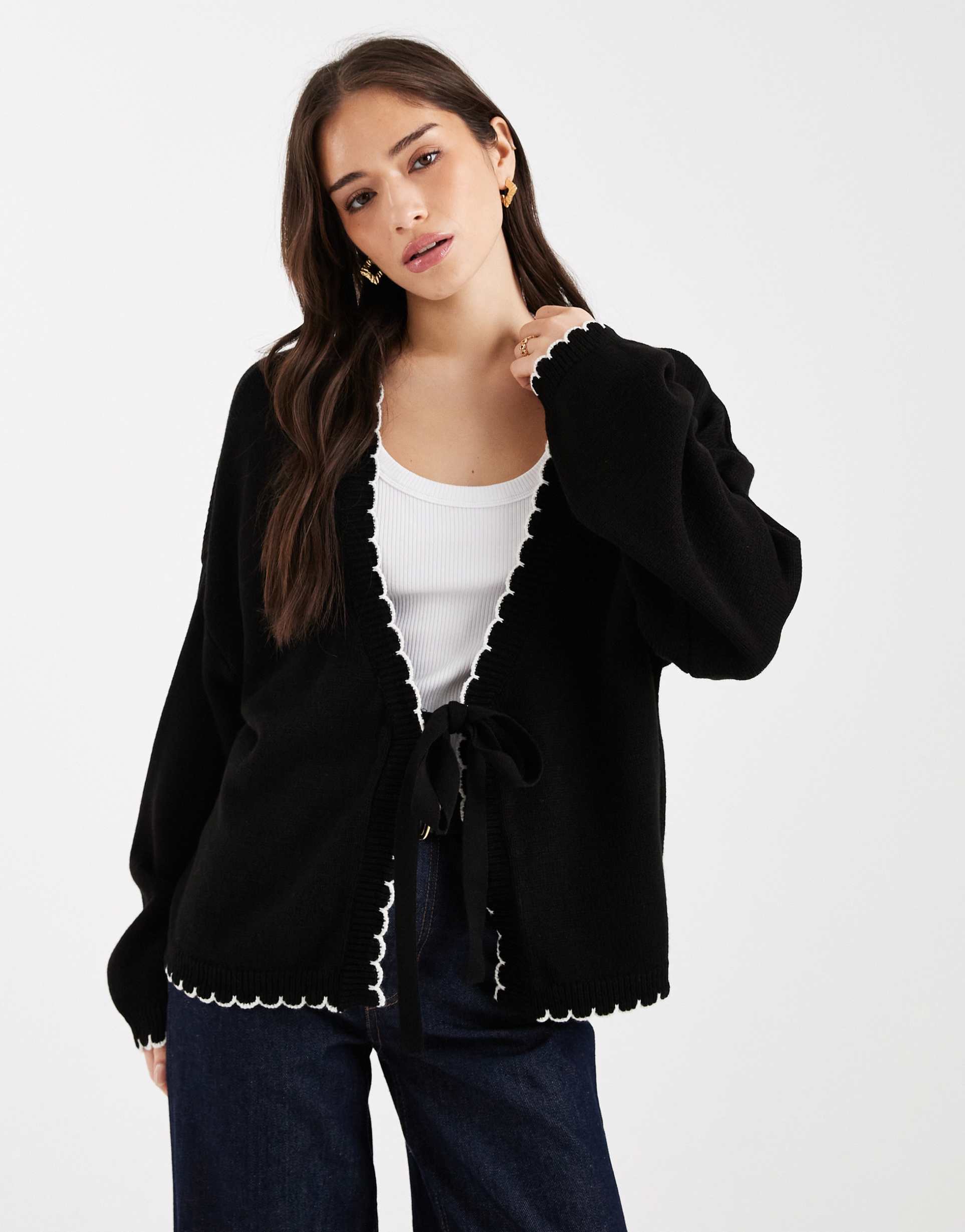 miss selfridge tie detail blanket stitch cardigan in black