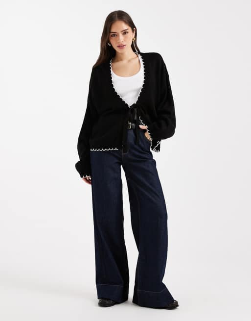 Miss Selfridge tie detail blanket stitch cardigan in black, 2 of 4