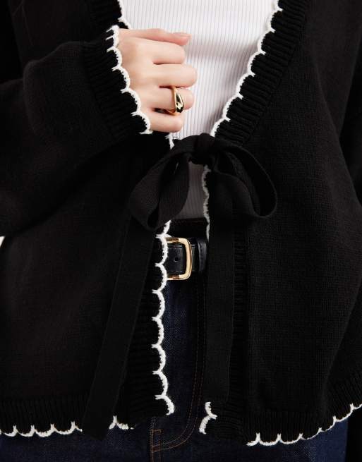 Miss Selfridge tie detail blanket stitch cardigan in black, 3 of 4