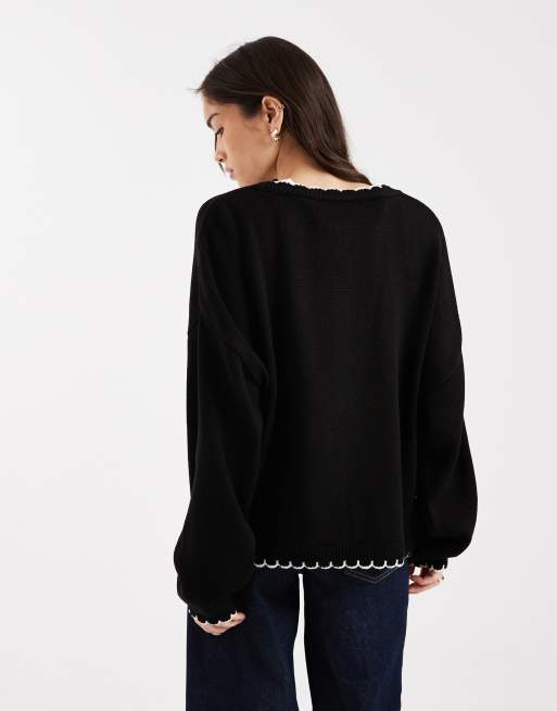 Miss Selfridge tie detail blanket stitch cardigan in black, 4 of 4