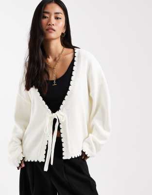 Miss Selfridge Tie Detail Blanket Stitch Cardigan In White