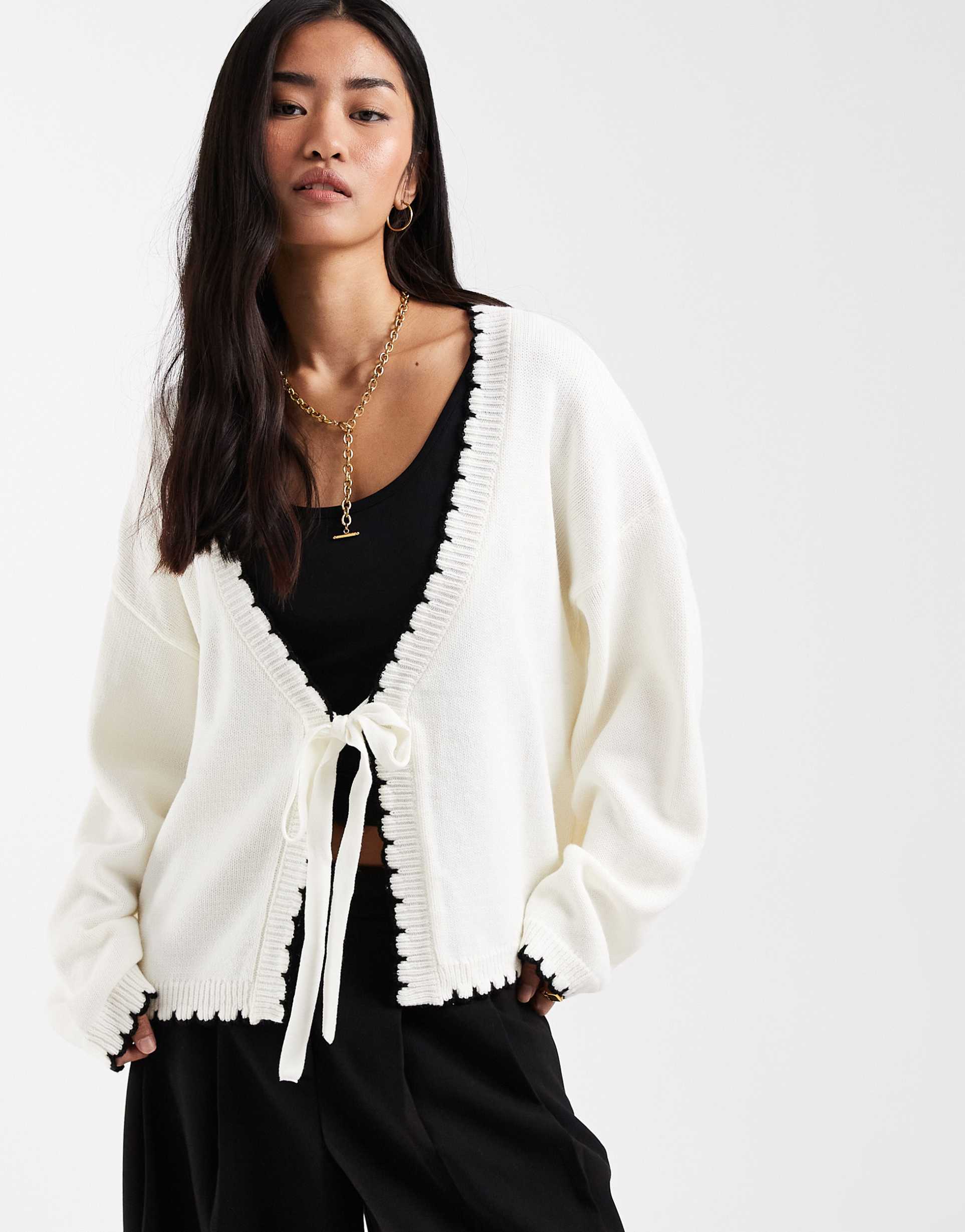 miss selfridge tie detail blanket stitch cardigan in cream