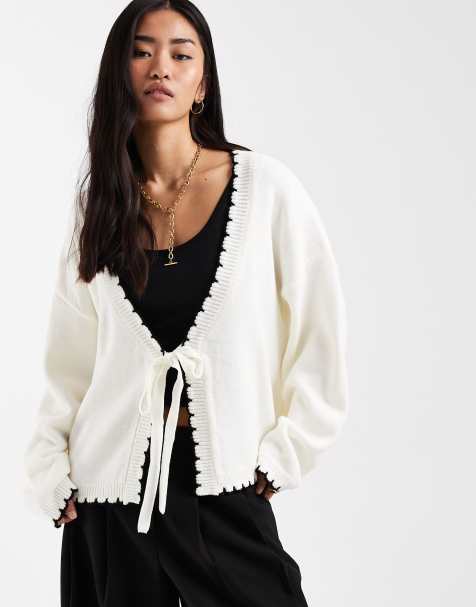 Miss Selfridge tie detail blanket stitch cardigan in cream