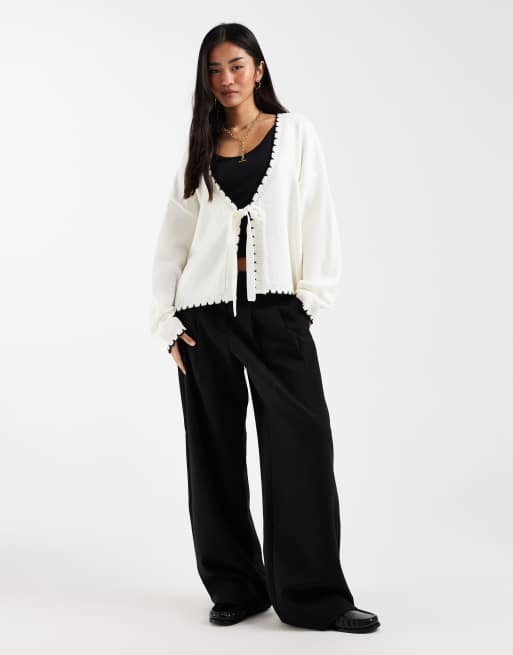 Miss Selfridge tie detail blanket stitch cardigan in cream, 2 of 4