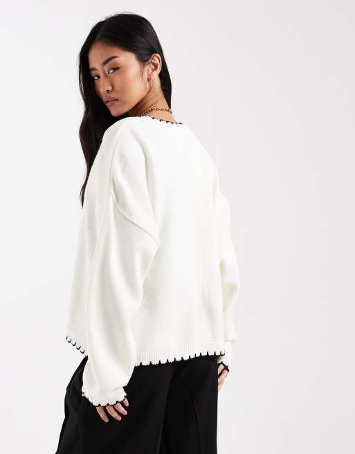 Miss Selfridge tie detail blanket stitch cardigan in cream, 3 of 4