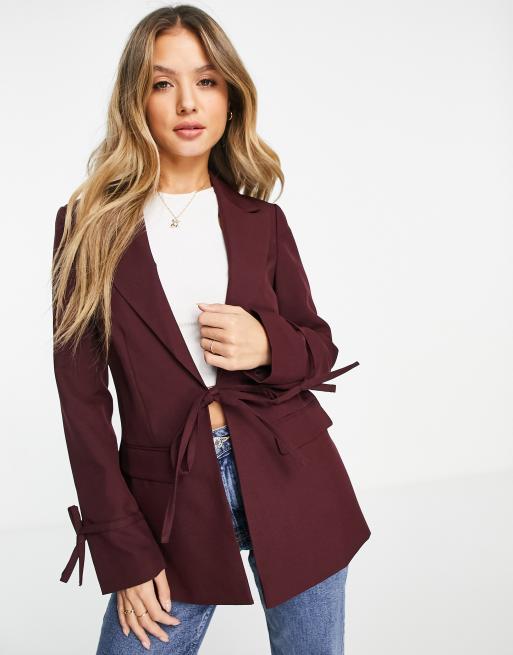 Miss Selfridge tie detail blazer in burgundy