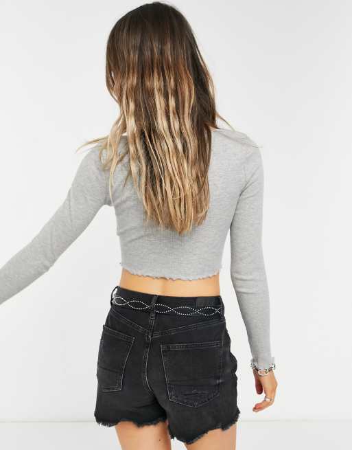 Miss Selfridge tie detail ruche front top in grey, 2 of 4