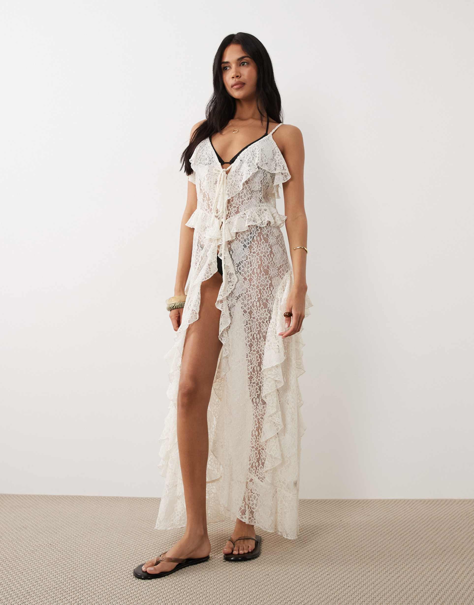 miss selfridge tie detailing lace cami maxi beach dress in natural