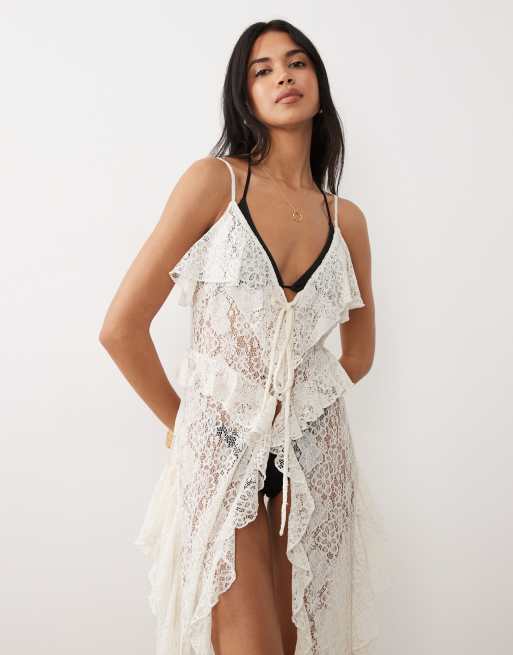 Miss Selfridge tie detailing lace cami maxi beach dress in natural | ASOS