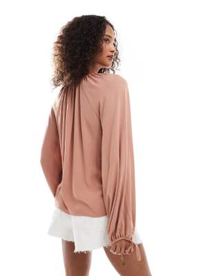 miss selfridge tie front balloon sleeve boho blouse in chocolate