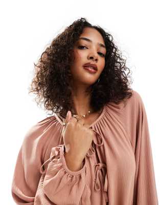 miss selfridge tie front balloon sleeve boho blouse in chocolate