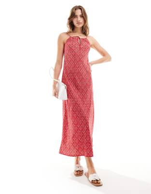 Miss Selfridge Tie Front Bias Maxi Slip Dress In Red Paisley Spot