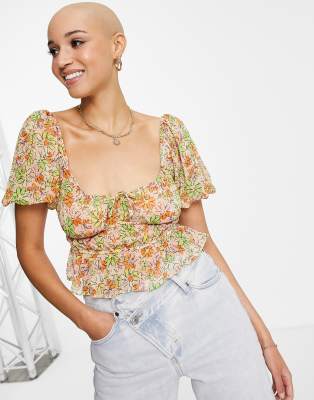 Miss Selfridge tie front blouse in bright retro floral-Orange