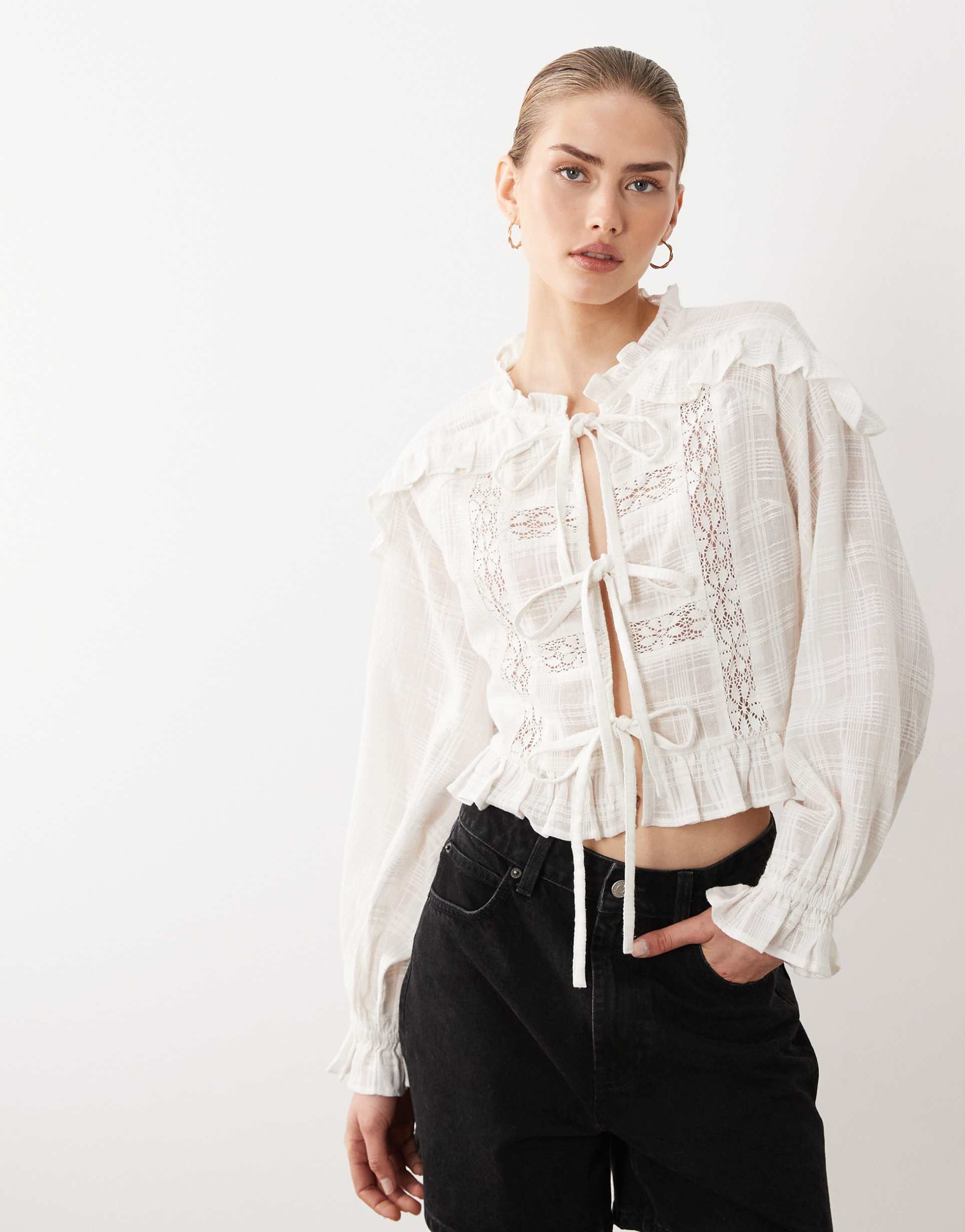 miss selfridge tie front blouse in white