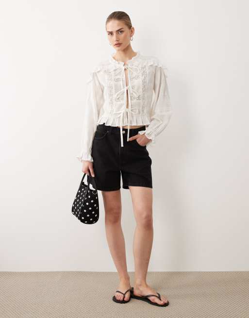 Miss Selfridge tie front blouse in white, 2 of 4
