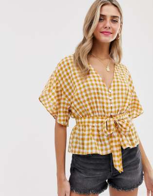 Miss Selfridge tie front blouse in yellow gingham-Multi