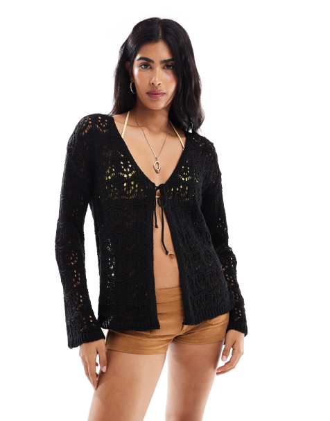 Miss Selfridge tie front boho cardigan in black - view 1