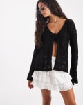 [Miss Selfridge] Miss Selfridge tie front boho cardigan in black XS Black