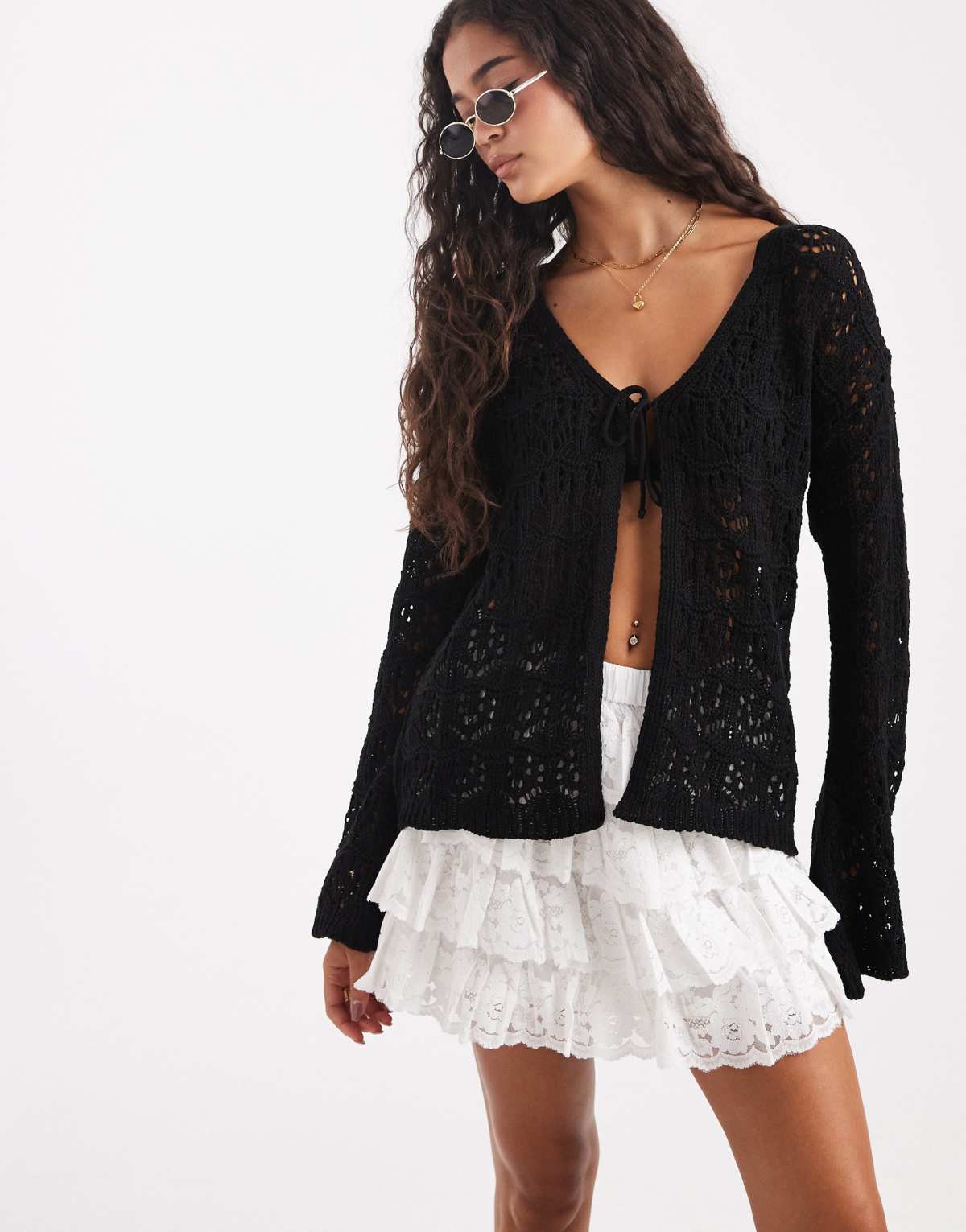 Miss Selfridge tie front boho cardigan in black