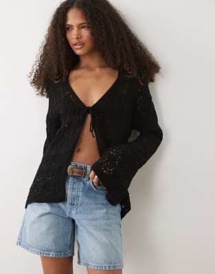 Miss Selfridge Crochet Knit Long Sleeve Flared Tie Cardigan In Black