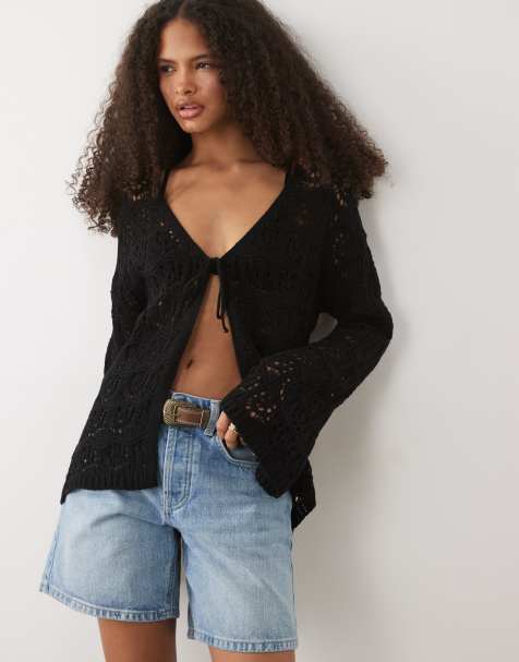 Miss Selfridge tie front boho cardigan in black - view 1