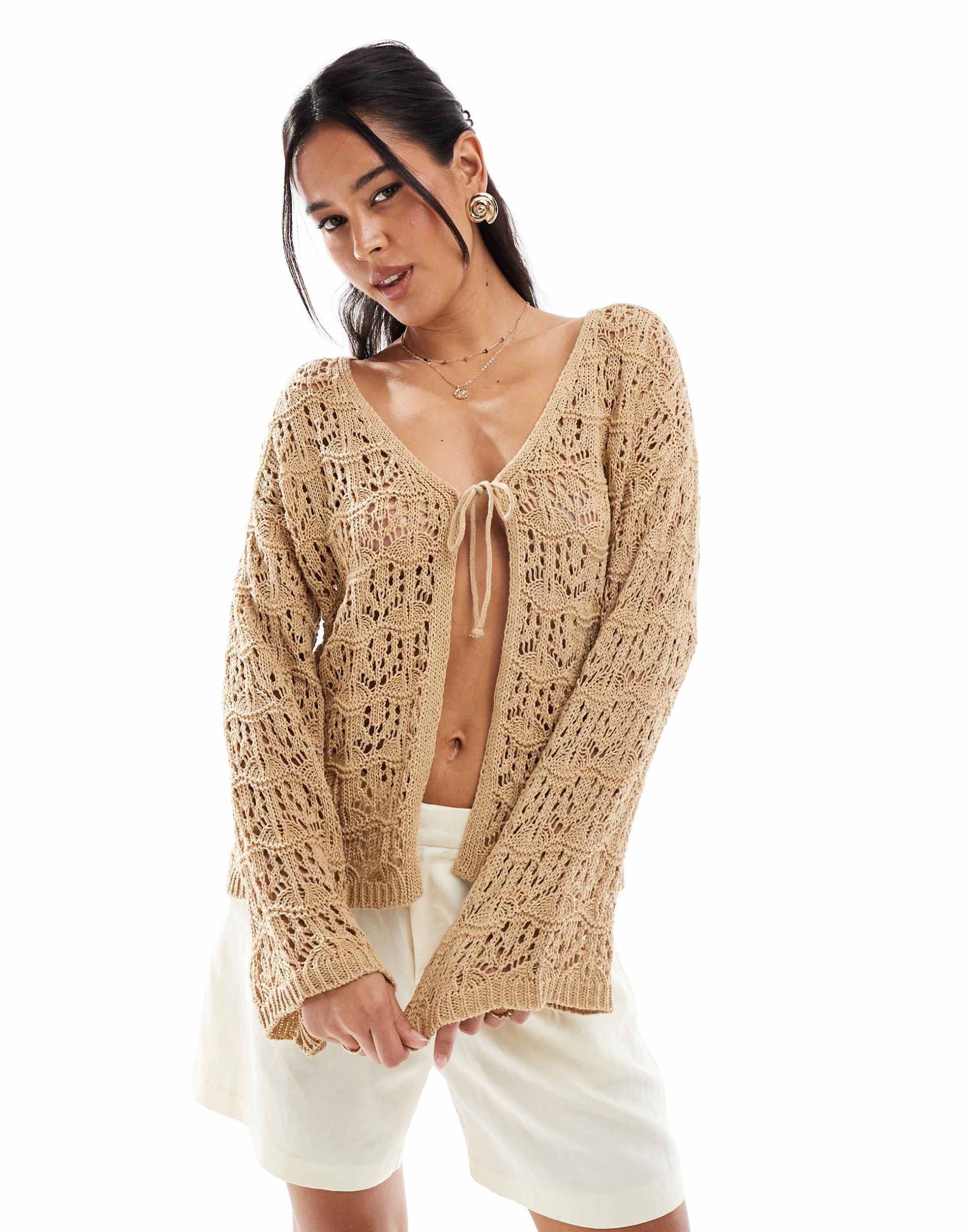 miss selfridge tie front boho cardigan in camel