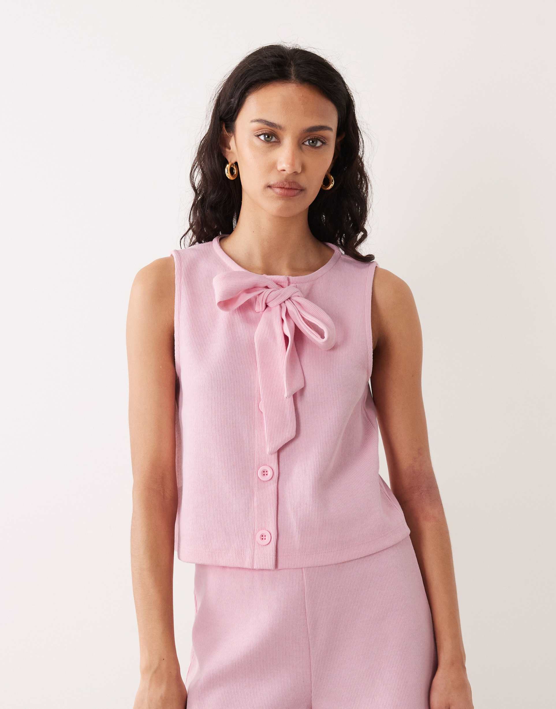 miss selfridge tie front button up sleeveless top in pink - part of a set