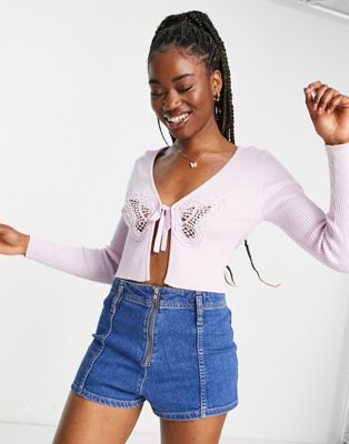 Miss Selfridge tie front cardi with butterfly trim in lilac | ASOS