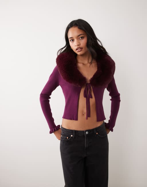 Miss Selfridge tie front cardigan with faux fur collar and cuffs in fig, 2 of 4