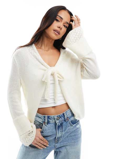 Miss Selfridge tie front cardigan with fluted sleeve in cream
