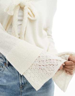 Miss Selfridge Tie Front Cardigan With Fluted Sleeves In White