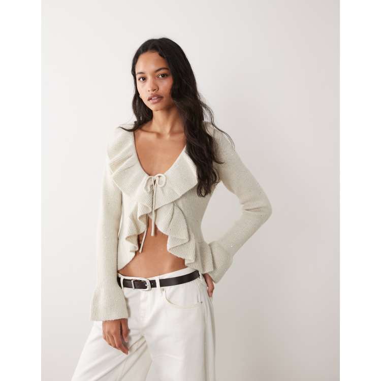 Miss Selfridge tie front cardigan with frills in cream sparkle | ASOS